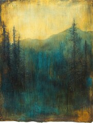 Wall Mural - Ethereal mountain landscape painting with coniferous trees and hazy golden sky evoking serene mood