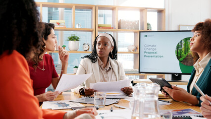Poster - Business, people and presentation for climate change in office, planning or screen for environment solution. Staff, meeting or brainstorming with proposal documents, eco friendly information and tips