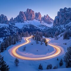 Wall Mural - Majestic Dolomites Winter Landscape with Winding Road and Light Trails at Sunset Scenic Mountain Vista