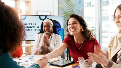Poster - Business people, handshake and women in office, meeting or presentation for quantum computing. Employees, smile or shaking hands with cooperation, b2b deal or feedback for computer science project