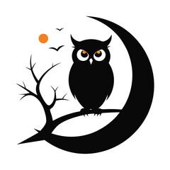 Silhouetted Owl On Crescent Moon Branch Under Starry Night Sky