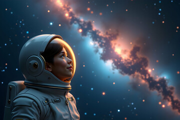 an astronaut gazing into the cosmic expanse, illuminated by the swirling colors of a distant nebula,