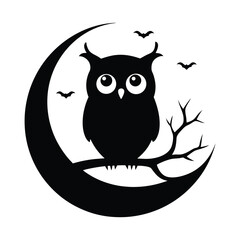 Silhouetted Owl On Crescent Moon Branch Under Starry Night Sky