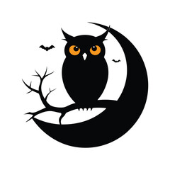 Silhouetted Owl On Crescent Moon Branch Under Starry Night Sky