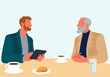 © Connect Images - Illustration of two men having a conversation over coffee at a table with pastries.