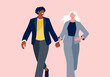 © Connect Images - Illustration of a stylish couple holding hands and walking on a pink background.