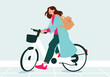© Connect Images - Illustration of a woman in stylish outfit riding a bicycle with a backpack in an urban setting.