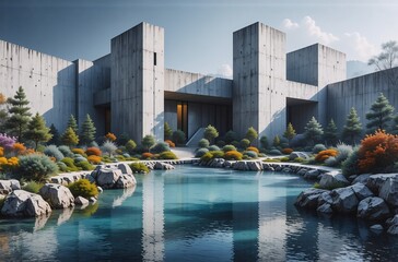 Poster - A serene, minimalist concrete structure nestled in a landscaped garden.  A tranquil pond reflects the building's geometric lines against a backdrop of mountains.