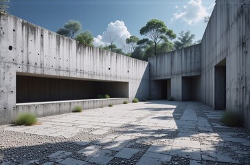 Aufkleber - Sun-drenched courtyard of a minimalist concrete structure.  High walls, sparse vegetation, and a subtly textured ground create a serene, secluded atmosphere.