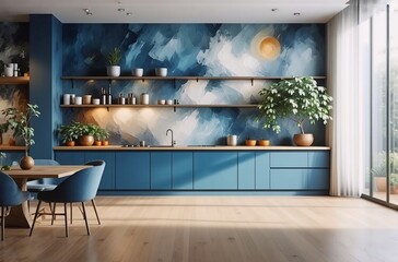 Poster - Modern kitchen design with blue cabinetry, a dramatic abstract mural, and natural wood flooring. Sunlight streams in, illuminating the space and highlighting the stylish, minimalist aesthetic.