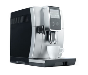 Modern automatic coffee machine with digital display and white cup, isolated on a transparent background PNG.