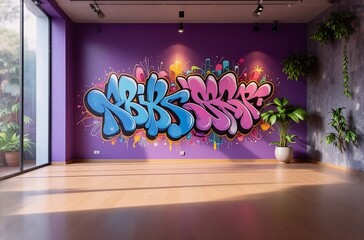 Fototapete - A bright, spacious room showcases vibrant graffiti art on a purple wall, natural light floods the room highlighting the interior and plants. The room feels creative and energetic.