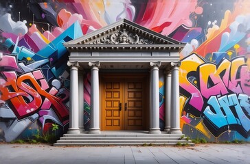 Fototapete - This image portrays a grand, classically styled entrance, a beautiful juxtaposition of classical architecture and vibrant, colorful graffiti, showcasing the contrast of tradition and modern art. The c