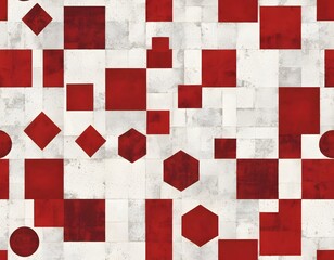 Aufkleber - Red Geometric Shapes, Distressed Textures. Grid Pattern Design, Simple Figures. Abstract Art, Textured Background. Red, White Contrast, Visually Striking For Modern Design Projects.