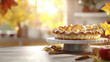 © Thanakit  - delicious apple pie sits on white cake stand, surrounded by autumn leaves and warm sunlight, evoking cozy atmosphere