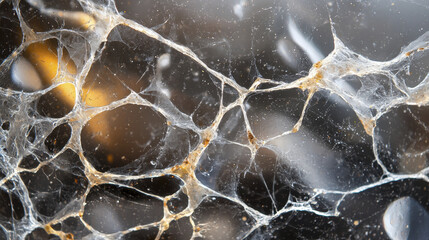 Delicate spider web glistening with dew, showcasing intricate patterns and textures, creating mesmerizing natural artwork