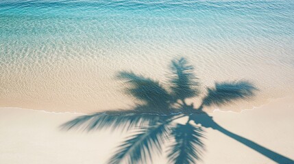 Wall Mural - tranquil tropical paradise scene with a palm tree shadow cast on pristine white sand and crystal-cle