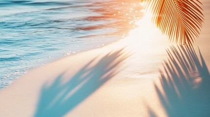 Wall Mural - serene tropical beach scene with golden sunlight casting palm leaf shadows on soft sandy shore and t
