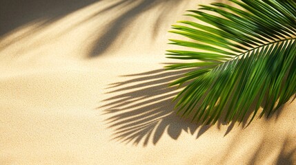 Wall Mural - serene tropical palm leaf casting intricate shadows on soft, warm sand, creating a minimalist and tr