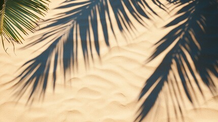 Wall Mural - serene tropical beach scene with soft palm leaf shadows casting intricate patterns on smooth, undula