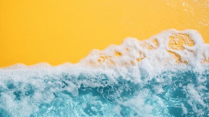 Wall Mural - vibrant seascape with turquoise ocean waves crashing against a bright yellow sandy shore, creating a