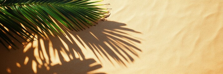 Wall Mural - tropical palm leaf casting intricate shadow on warm sandy beige textured surface, creating a serene 