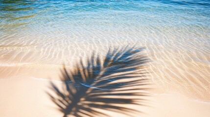 Wall Mural - tranquil tropical beach scene with a palm leaf shadow casting intricate patterns on pristine sandy s