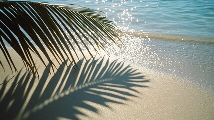Wall Mural - serene tropical beach scene with palm leaf silhouette casting intricate shadow on golden sand, spark