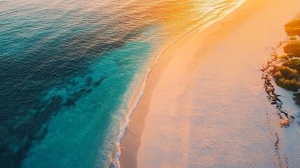 Wall Mural - serene coastal landscape with turquoise ocean waters meeting golden sandy beach at sunset, creating 