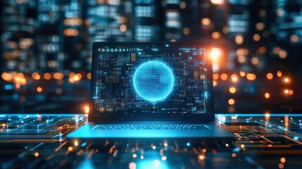 Wall Mural - Futuristic laptop displays a global network