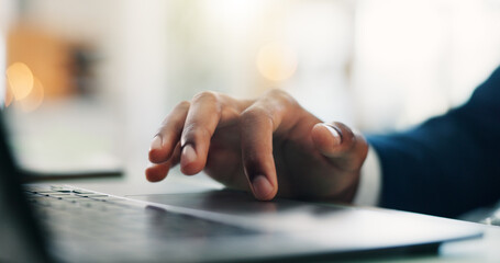 Aufkleber - Laptop, hand and businessman in office for research with finance report for planning budget. Touchpad, scroll and closeup of male financial manager with online investment for company in workplace.