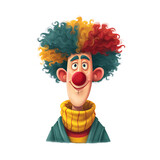 Cartoon illustration of a clown with an afro of many colors, wearing a yellow scarf and looking silly with an expression.