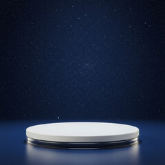 white round podium display stand on dark reflective surface against dark blue night sky background w
