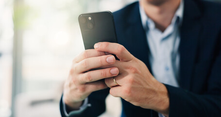 hands, business and man with phone in office for communication, schedule update and finance research