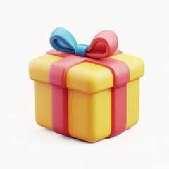 Wall Mural - Isolated yellow gift box with pink ribbon and blue bow on white space on isoleted white background