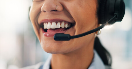 Leinwandbilder - Headset, happy and mouth of woman in callcenter for online consultation for customer service. Contact us, closeup and female consultant with tech support call with mic for assistance in office.