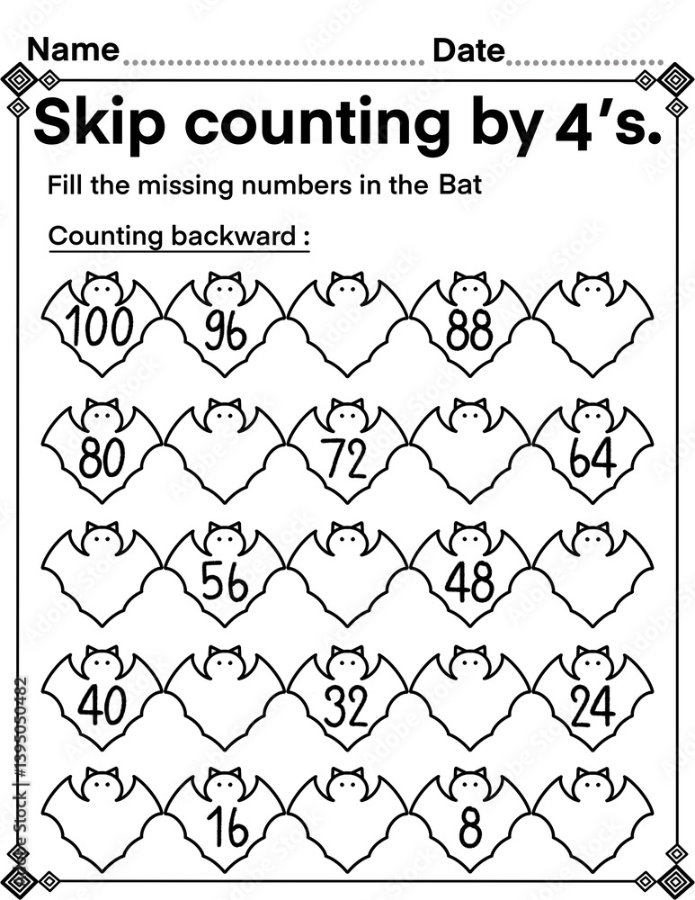 Skip counting by 4 with bat, math activity for kids, preschool ...
