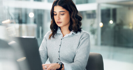Poster - Woman, laptop and typing in office for business, connectivity and article review in agency. Reporter, research and draft on computer for email feedback, story development or reading report for career