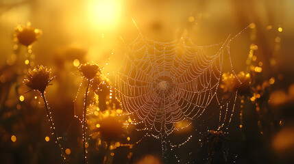 A close-up photography of a garden spider web, intricately woven between plants and glistening with dew drops in the morning light.