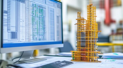 Modern computer setup with structural engineering simulation software on screen and technical drawings nearby