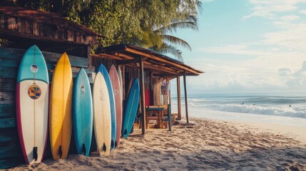 Wall Mural - surfboards propped up against a beach shack, ready for an exciting day on the waves