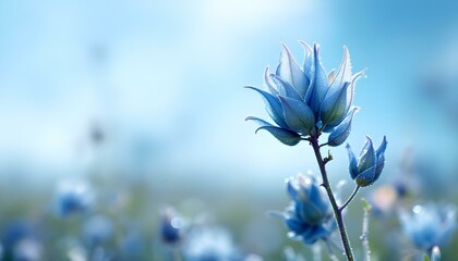 blue plant leaves in the nature in fall season, blue background