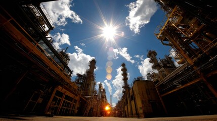 industrial complex under a bright sun with dramatic cloud formations