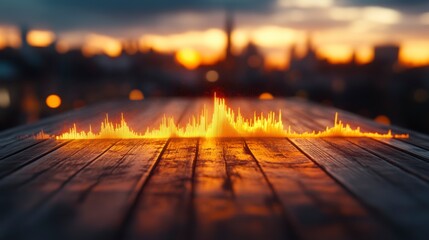 Aufkleber - Abstract fiery sound wave on wooden surface with city sunset backdrop.