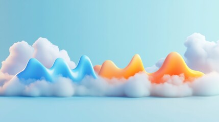 Aufkleber - Abstract 3D render of blue and orange liquid shapes on clouds against a light blue background.