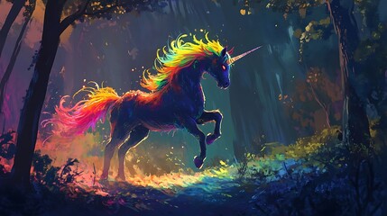 Wall Mural - A monster with a rainbow mane prancing in a magical forest 