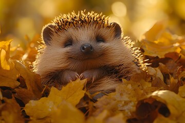 Wall Mural - hedgehog curled up in a bed of autumn leaves