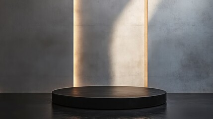 Poster - Minimalist black circular podium on dark floor against textured wall with light streaks.