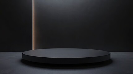 Aufkleber - Dark round platform in a minimalist, dimly lit room with a glowing line on the wall.