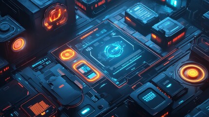 Wall Mural - sci-fi inspired abstract technology design with transparent interfaces, neon touchpoints, and a dark